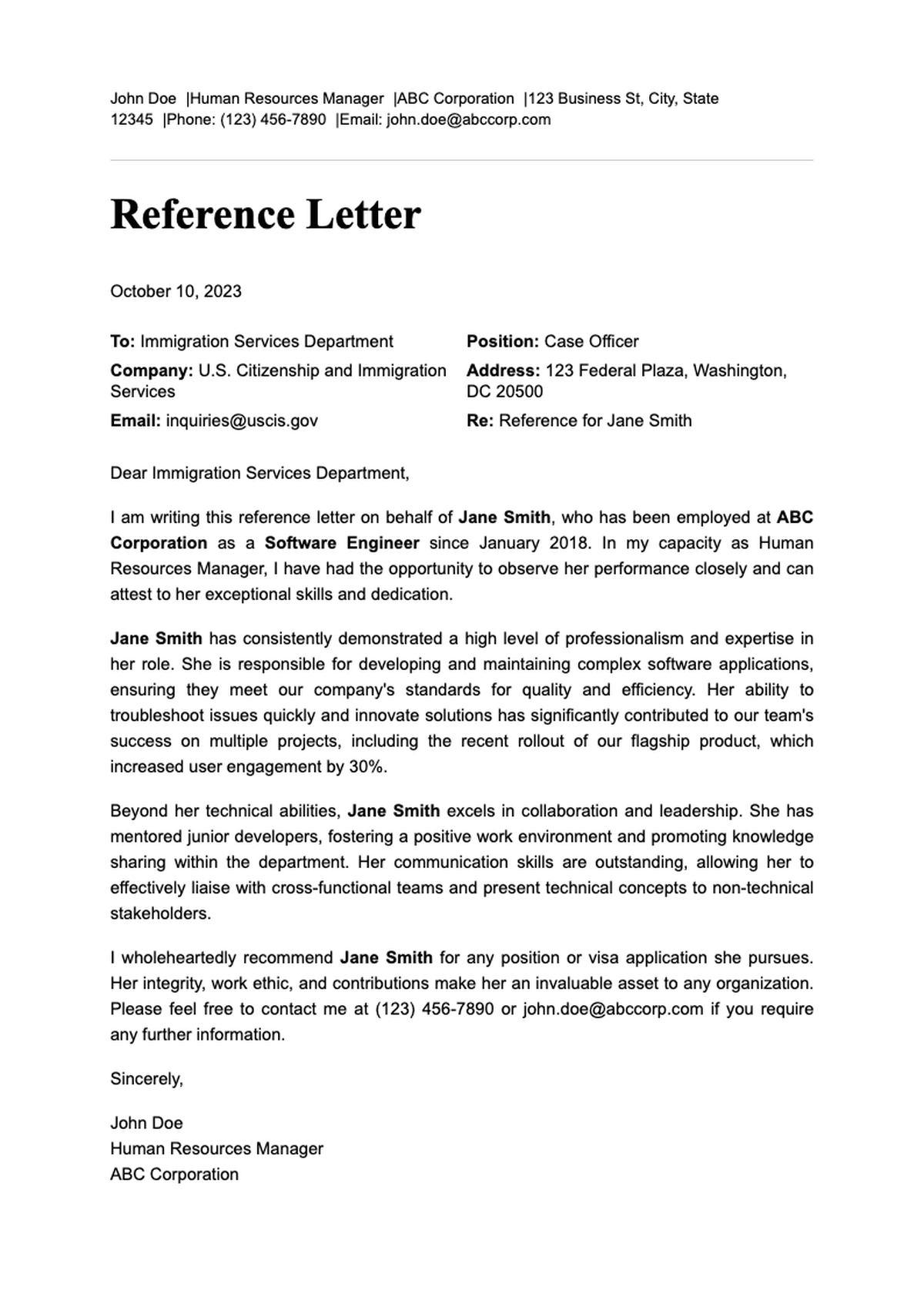 Work reference letter for immigration with professional header and placeholder fields_variant_3